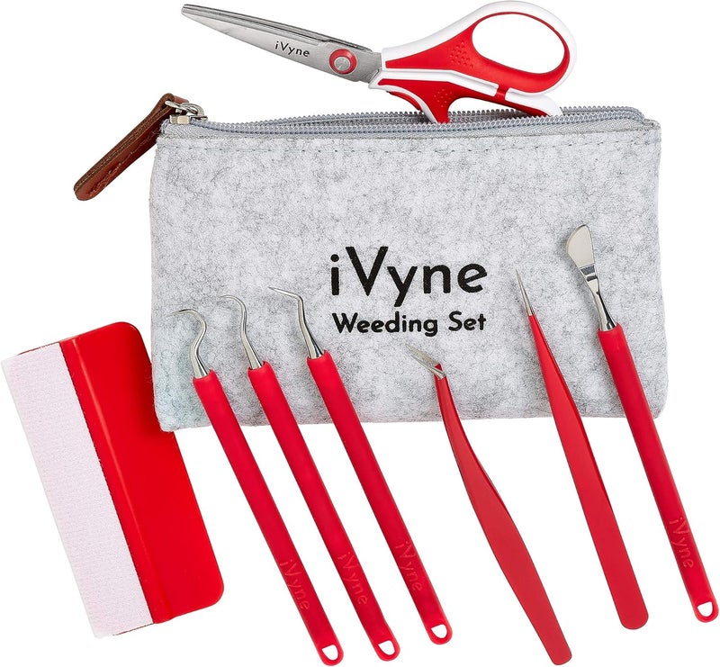 iVyne (8pcs) Berry Essentials Silicone Vinyl Weeding Tool Kit Soft Grip Weeding Tools for Vinyl with Weeder, Tweezers, Picker, Scissors and Scraper Set for Silhouette Cameos and Cricut Craft (Red) - Image 1