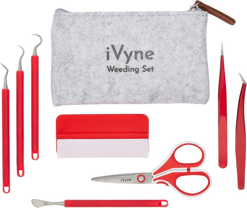 iVyne (8pcs) Berry Essentials Silicone Vinyl Weeding Tool Kit Soft Grip Weeding Tools for Vinyl with Weeder, Tweezers, Picker, Scissors and Scraper Set for Silhouette Cameos and Cricut Craft (Red) - Image 2