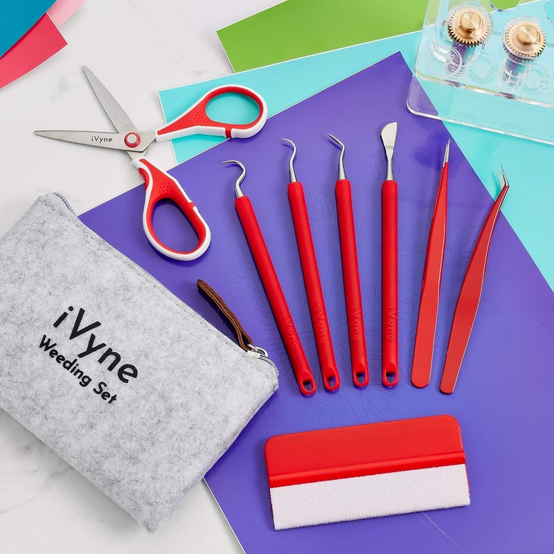 iVyne (8pcs) Berry Essentials Silicone Vinyl Weeding Tool Kit Soft Grip Weeding Tools for Vinyl with Weeder, Tweezers, Picker, Scissors and Scraper Set for Silhouette Cameos and Cricut Craft (Red) - Image 3