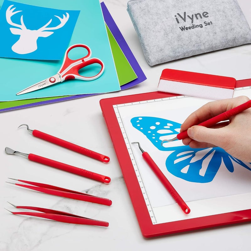 iVyne (8pcs) Berry Essentials Silicone Vinyl Weeding Tool Kit Soft Grip Weeding Tools for Vinyl with Weeder, Tweezers, Picker, Scissors and Scraper Set for Silhouette Cameos and Cricut Craft (Red) - Image 4