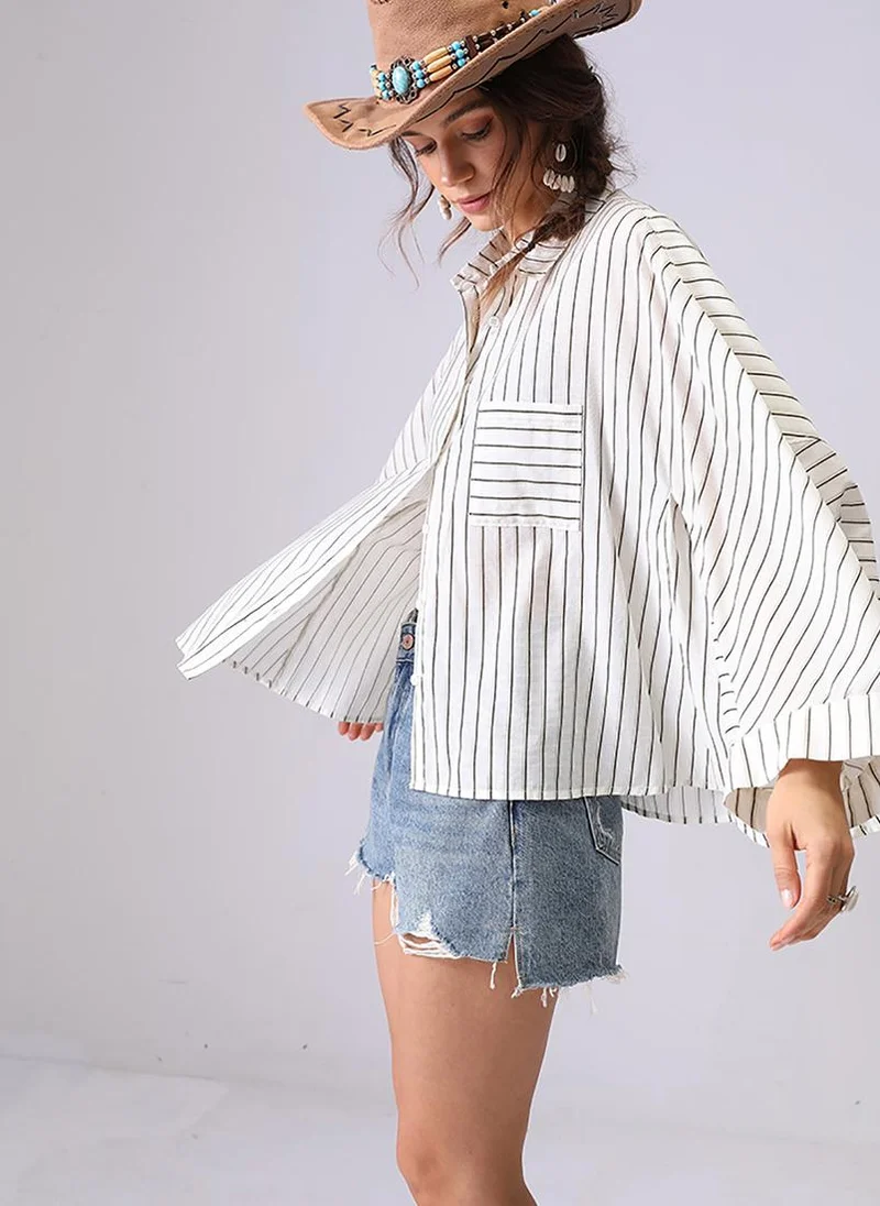 YUNIQEE Off White Spread Collar Kimono Sleeves Relaxed Fit Shirt