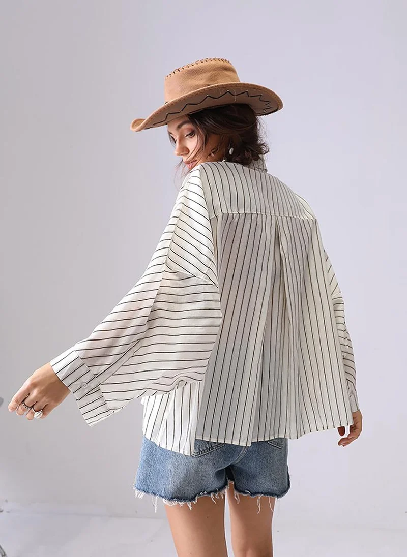YUNIQEE Off White Spread Collar Kimono Sleeves Relaxed Fit Shirt