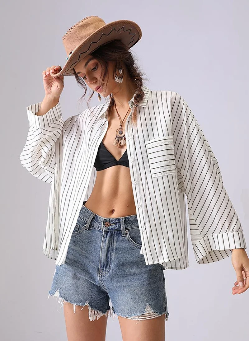 YUNIQEE Off White Spread Collar Kimono Sleeves Relaxed Fit Shirt