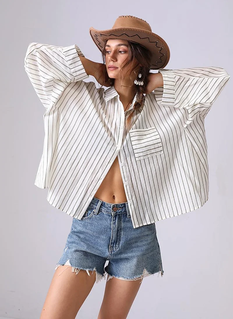 YUNIQEE Off White Spread Collar Kimono Sleeves Relaxed Fit Shirt