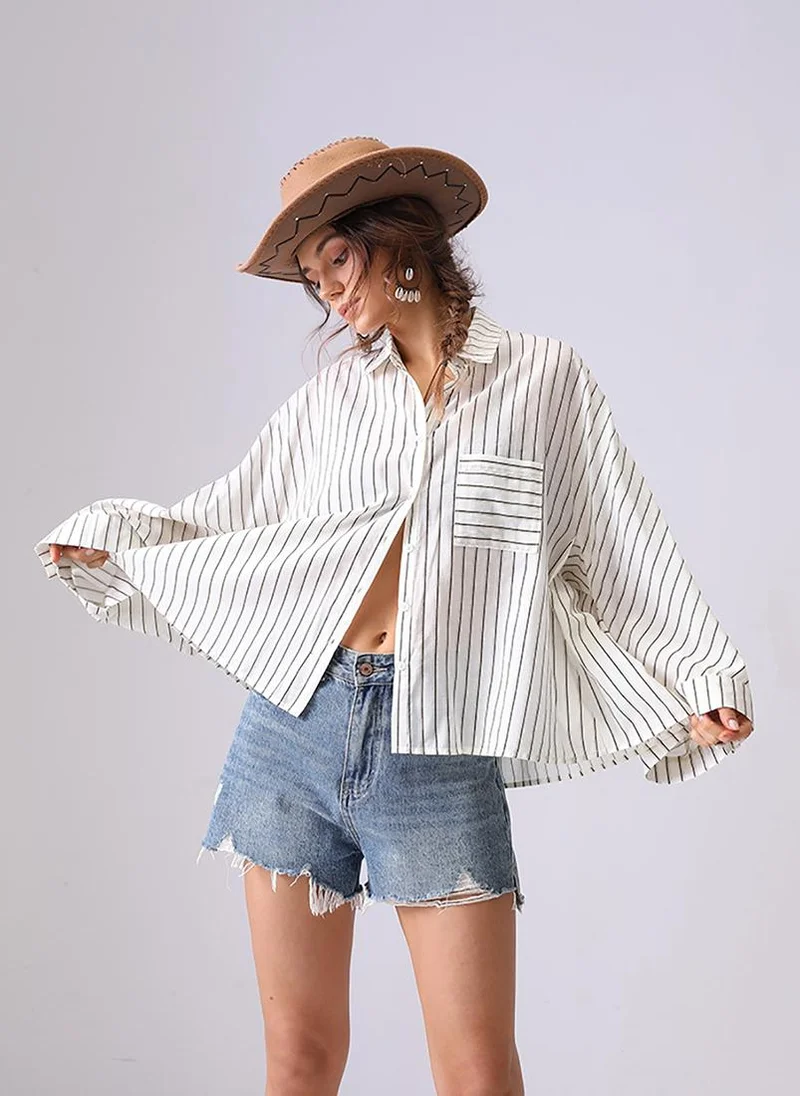 YUNIQEE Off White Spread Collar Kimono Sleeves Relaxed Fit Shirt