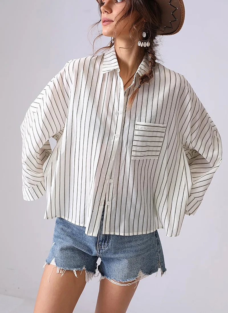 YUNIQEE Off White Spread Collar Kimono Sleeves Relaxed Fit Shirt
