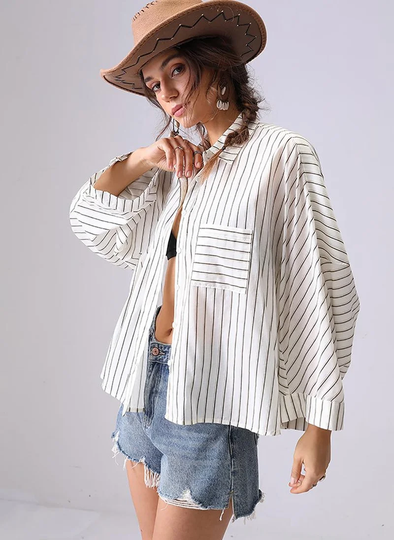 YUNIQEE Off White Spread Collar Kimono Sleeves Relaxed Fit Shirt
