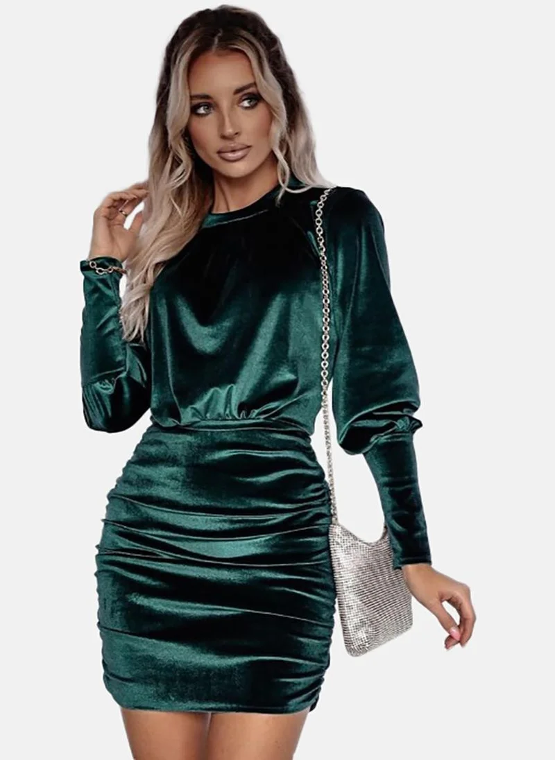 يونيكي Green Bodycon Solid Crew Neck Long Sleeve Dress