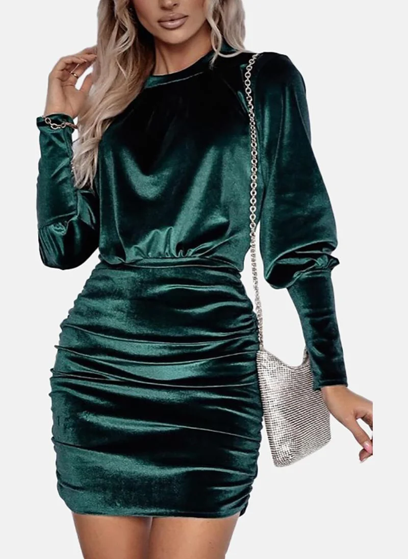 يونيكي Green Bodycon Solid Crew Neck Long Sleeve Dress