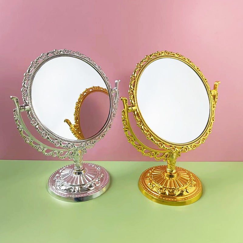 Round Oval Double-Sided Rotating Table Mirror Retro Imitation Gold Imitation Silver Desktop Dressing Mirror Lace Makeup Mirror - Image 3