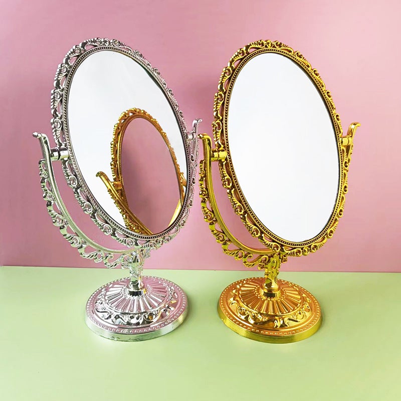 Round Oval Double-Sided Rotating Table Mirror Retro Imitation Gold Imitation Silver Desktop Dressing Mirror Lace Makeup Mirror - Image 2