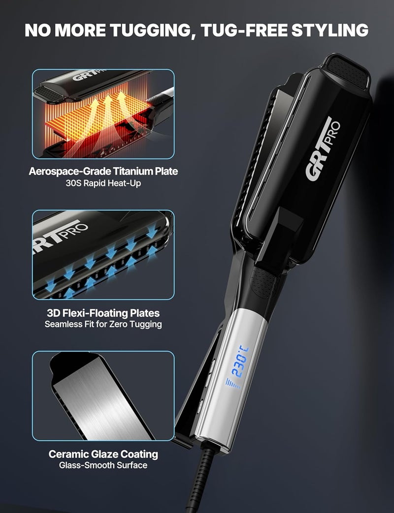 GRT PRO Professional Wide Hair Straightener & Styler Wide Plate 55mm Quick Easy Styling, Floating Plates Ionic Anti-Frizz Ceramic Coating 30s Rapid Heating, Digital Display 19 Settings 50°C~230°C Thick Hairs - Image 4