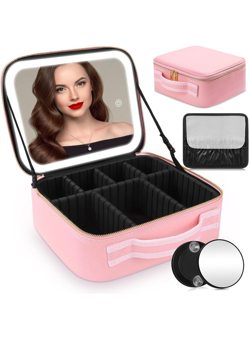 Travel makeup case with a magnetically removable 360-degree illuminated mirror and LED lighting. - Image 1