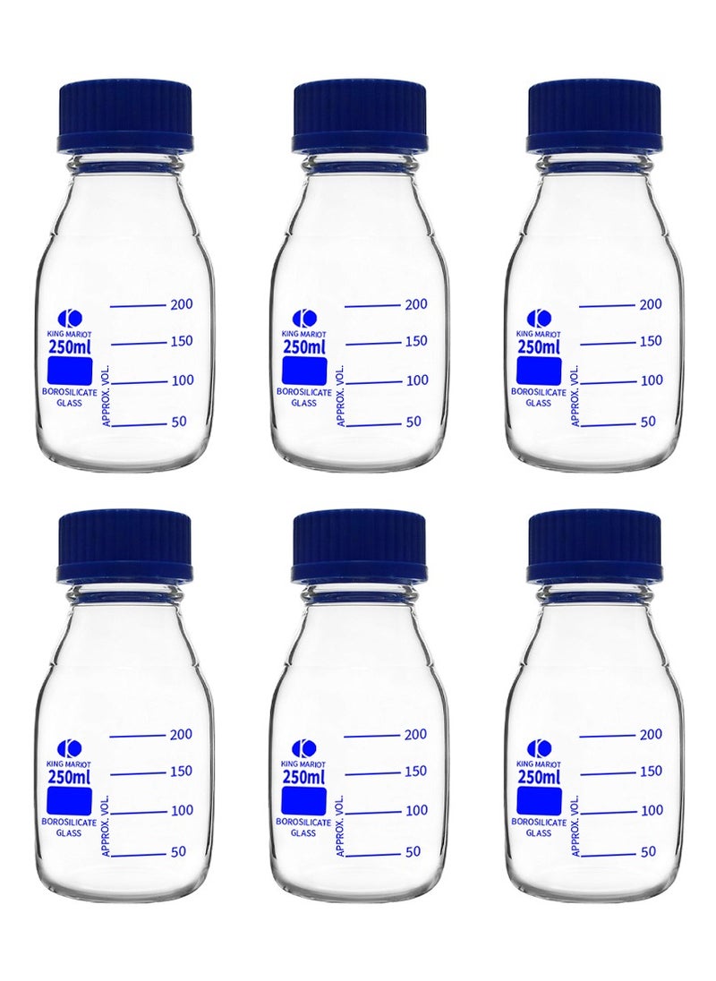 King Mariot 6 Pcs King Mariot 250ml Glass Round Storage Reagent Bottle with Screw Cap | Wide Mouth and outlet ring for Drip-free Pouring | Autoclaved up to 140°c | For Biology Chemistry Laboratory  - Image 1