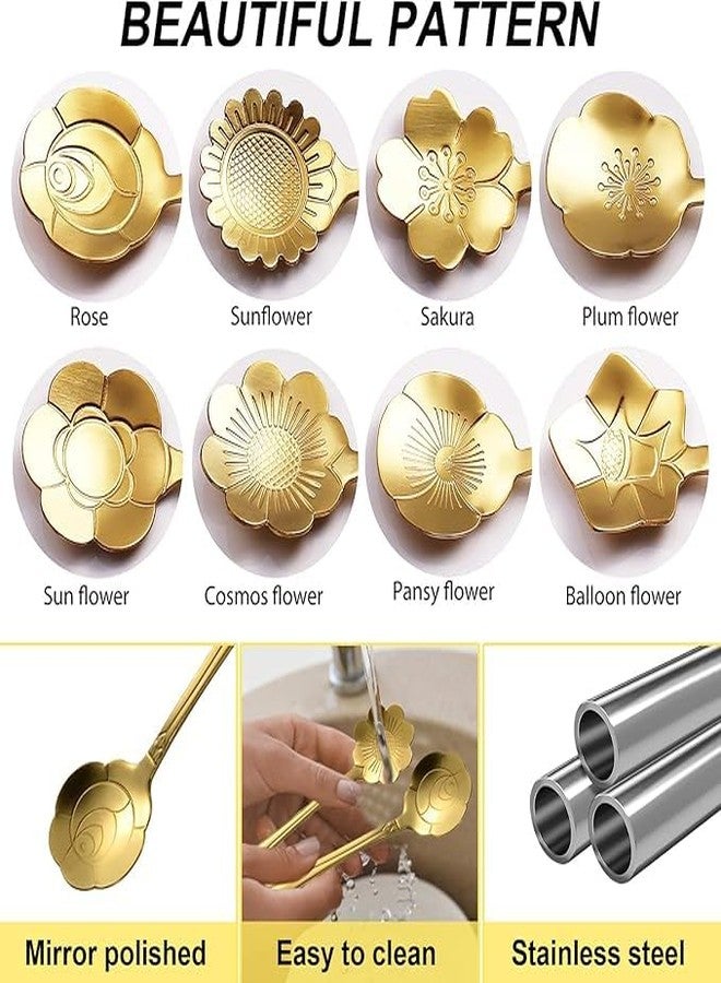 Styllent 8 Pcs Gold Flower Coffee & Tea Spoons Set with Elegant Floral Designs Premium Stainless Steel Mini Dessert Sugar Spoons 4.96 Inch for Coffee Tea Ice Cream Stirring Home Office Gifting ForAll! - Image 2