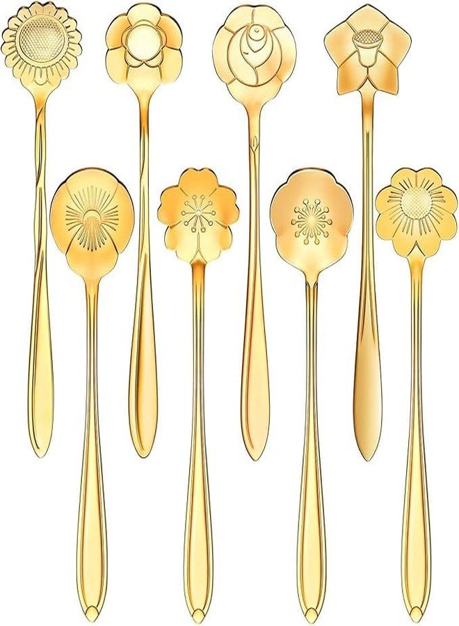 Styllent 8 Pcs Gold Flower Coffee & Tea Spoons Set with Elegant Floral Designs Premium Stainless Steel Mini Dessert Sugar Spoons 4.96 Inch for Coffee Tea Ice Cream Stirring Home Office Gifting ForAll! - Image 1