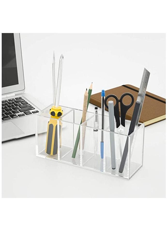 Acrylic Pen Holder 4 Compartments Clear Pencil Organizer Cup for Countertop Desk Accessory Storage