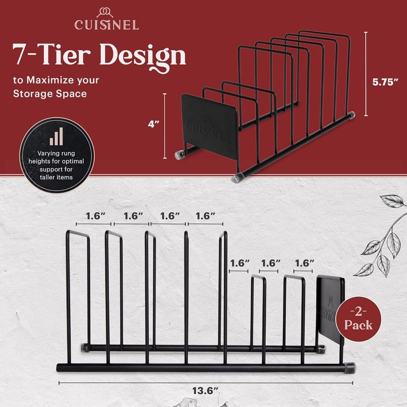 Cuisinel Lid and Dish Organizer Rack - 2-Pack Matte Black Kitchen Storage Organization Stand - Plate Holder, Pan/Pots Covers, Cutting Board and Cookie Sheet Divider - 7-Tier Cabinet/Counter Display - Image 2