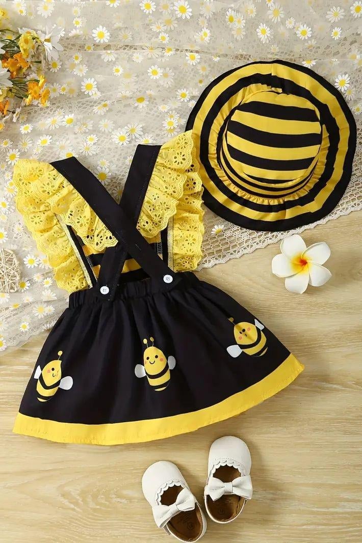 فساتين اطفال بنات — طباعة نحلة لطيفة وقبعة متعددة الألوان: فستان أطفال بنات مريح وعصري بأكمام قصيرة، ملابس مواليد بناتي صيفية، فستان مواليد أنيق مع زهور، ملابس رضع بناتي — وردي، أبيض، مقاس 6-12 شهرًا - Image 2