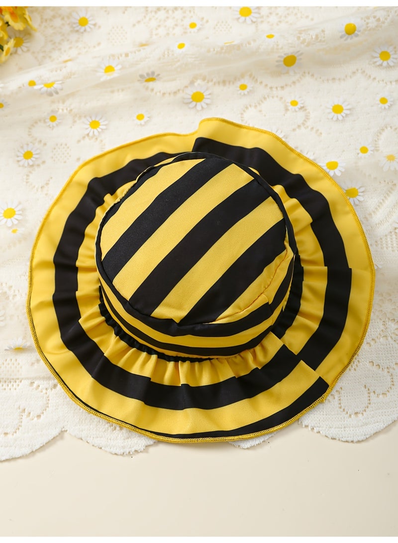 فساتين اطفال بنات — طباعة نحلة لطيفة وقبعة متعددة الألوان: فستان أطفال بنات مريح وعصري بأكمام قصيرة، ملابس مواليد بناتي صيفية، فستان مواليد أنيق مع زهور، ملابس رضع بناتي — وردي، أبيض، مقاس 6-12 شهرًا - Image 3