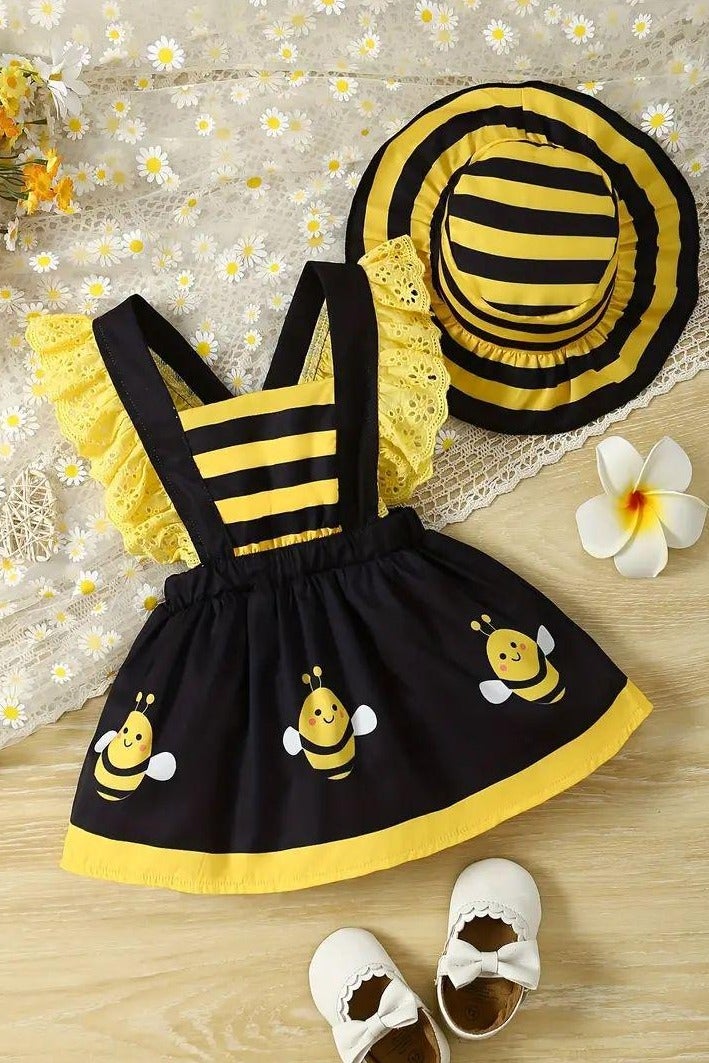 فساتين اطفال بنات — طباعة نحلة لطيفة وقبعة متعددة الألوان: فستان أطفال بنات مريح وعصري بأكمام قصيرة، ملابس مواليد بناتي صيفية، فستان مواليد أنيق مع زهور، ملابس رضع بناتي — وردي، أبيض، مقاس 6-12 شهرًا - Image 1