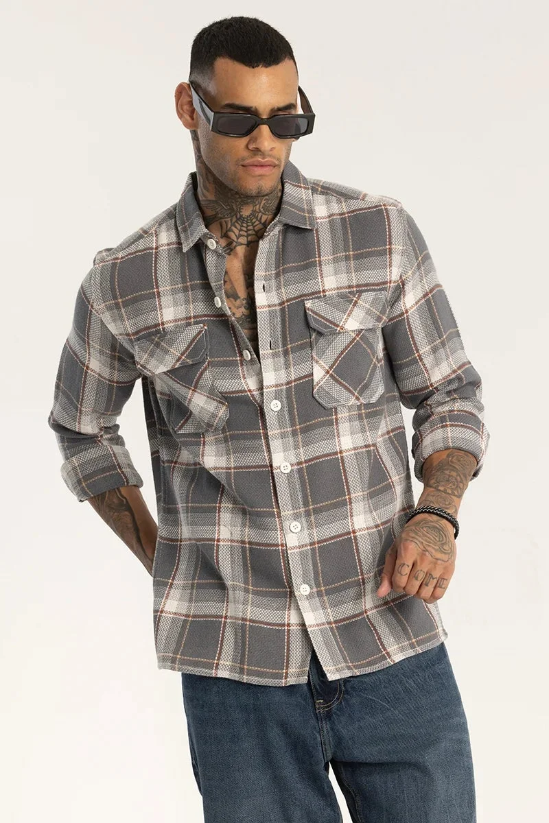 Snitch  Grey Double Pocket Checks Shirt for Men | Best Price UAE