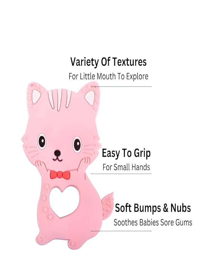 Rukan BPA Free Silicone Baby Teether - Cat Shape for 3-48 Months, Textured Surface for Gum Relief (Pink) - Image 2