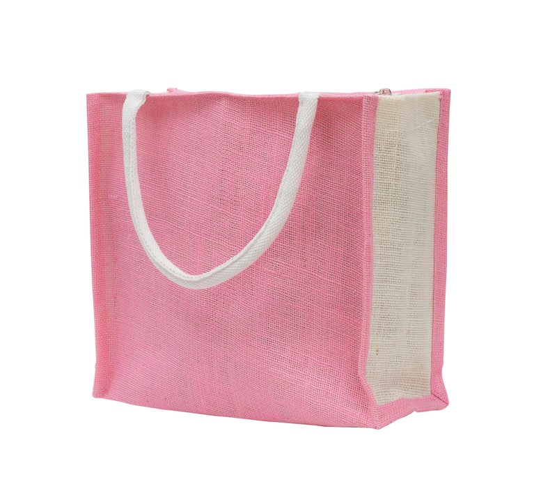 JUTEKA Multicolor Jute Bag for Shopping, Lunch, Tiffin, Grocery with Zip Closure and Padded Cotton Handles… (Pink) - Image 1