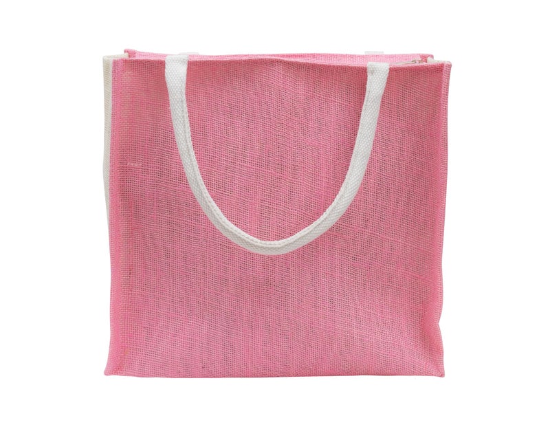 JUTEKA Multicolor Jute Bag for Shopping, Lunch, Tiffin, Grocery with Zip Closure and Padded Cotton Handles… (Pink) - Image 2