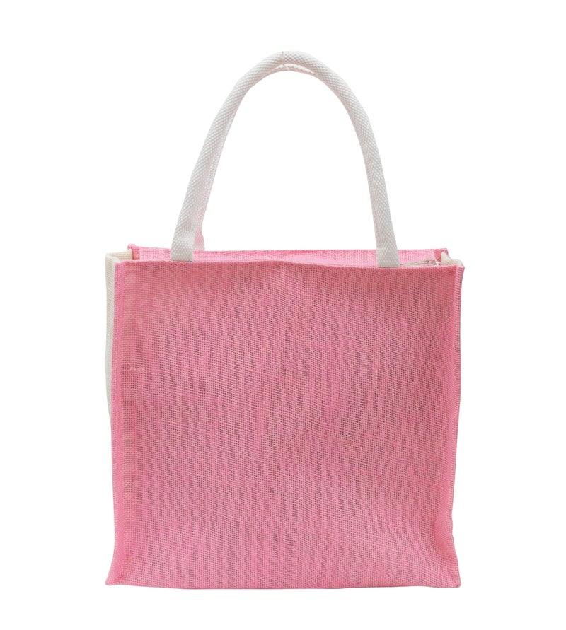 JUTEKA Multicolor Jute Bag for Shopping, Lunch, Tiffin, Grocery with Zip Closure and Padded Cotton Handles… (Pink) - Image 4