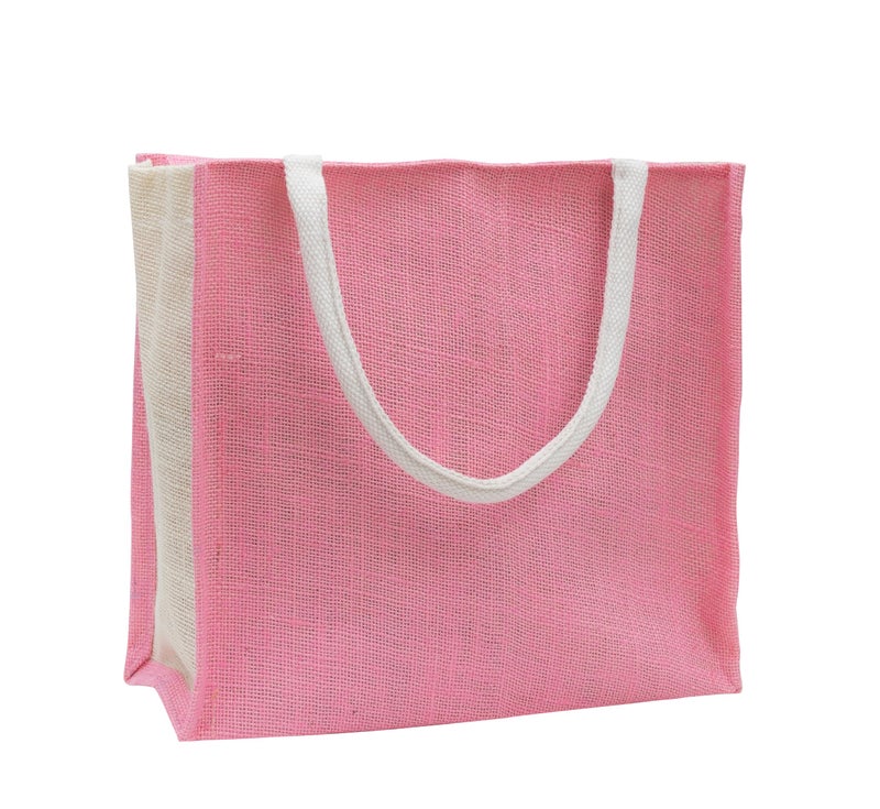 JUTEKA Multicolor Jute Bag for Shopping, Lunch, Tiffin, Grocery with Zip Closure and Padded Cotton Handles… (Pink) - Image 3