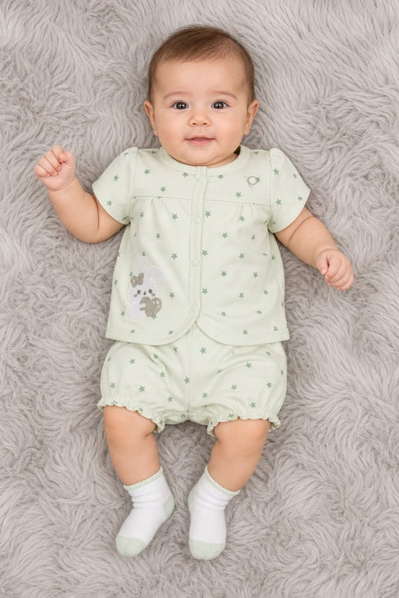 POPEES Toddlers Girl 2 Pcs Allover Print Top And Bloomer Set, Mint Green - Image 1
