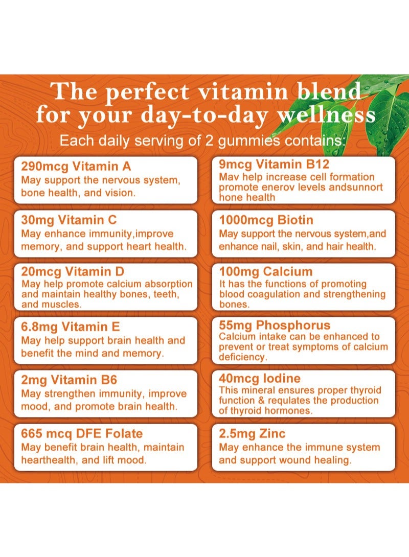 وينز تاون 60 قطعة من حلوى الجيلي متعددة الفيتامينات، فيتامين أ، ج، د، هـ، ب6، ب12، حمض الفوليك والبيوتين والكالسيوم والفوسفور والزنك، حلوى الجيلي متعددة الفيتامينات المتقدمة - Image 3