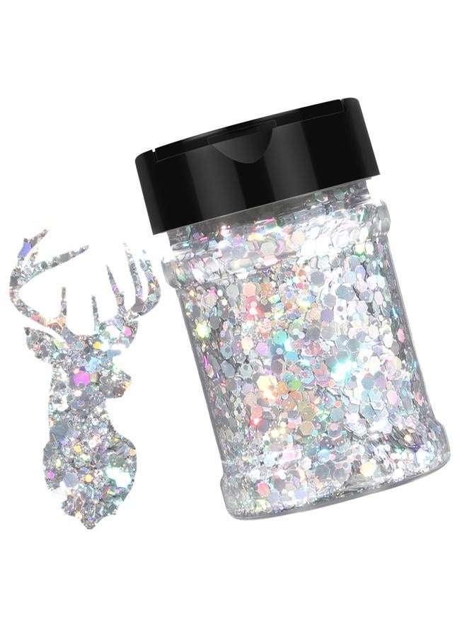 HTVRONT Holographic Silver Chunky Glitter - 100g/3.53oz Silver Glitter for Crafts, Resin, Nail, Tumbler, Makeup - Image 1