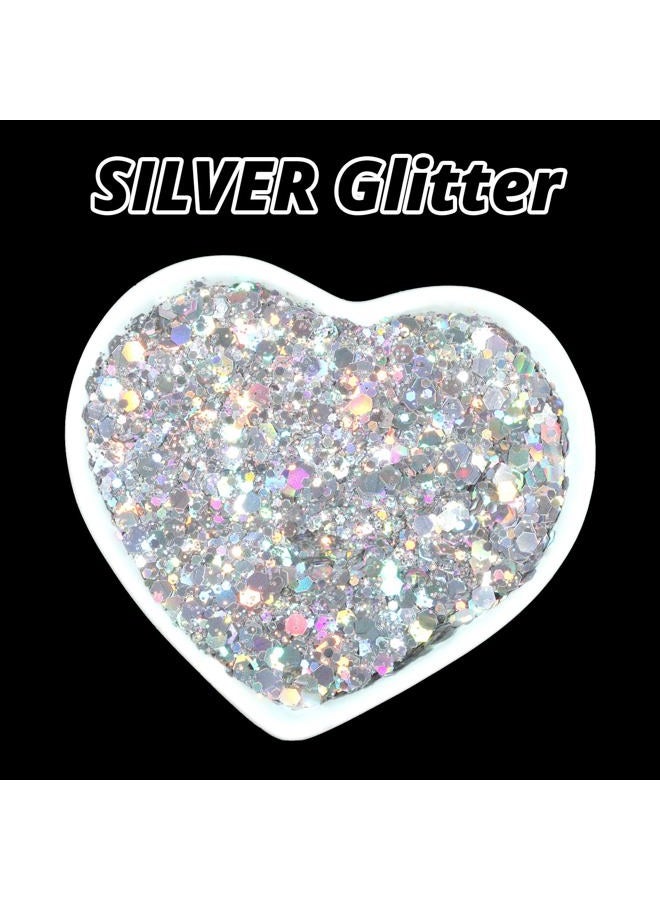 HTVRONT Holographic Silver Chunky Glitter - 100g/3.53oz Silver Glitter for Crafts, Resin, Nail, Tumbler, Makeup - Image 2