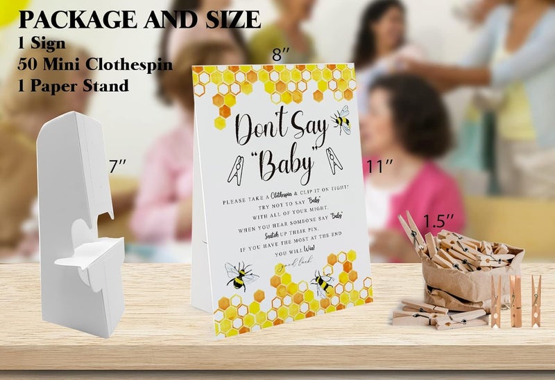 GNATV Honey Bee Dont Say Baby Game 1 Sign and 50 Mini Natural Clothespins Dont Say Baby Baby Shower Game Baby Shower Decorations Baby Shower Games Gender Neutral Honey Bee Baby Shower DS19 - Image 2