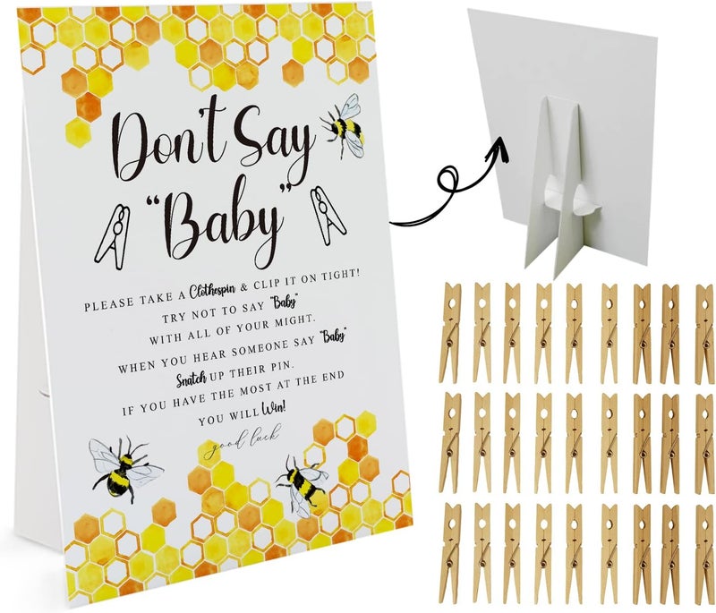 GNATV Honey Bee Dont Say Baby Game 1 Sign and 50 Mini Natural Clothespins Dont Say Baby Baby Shower Game Baby Shower Decorations Baby Shower Games Gender Neutral Honey Bee Baby Shower DS19 - Image 1