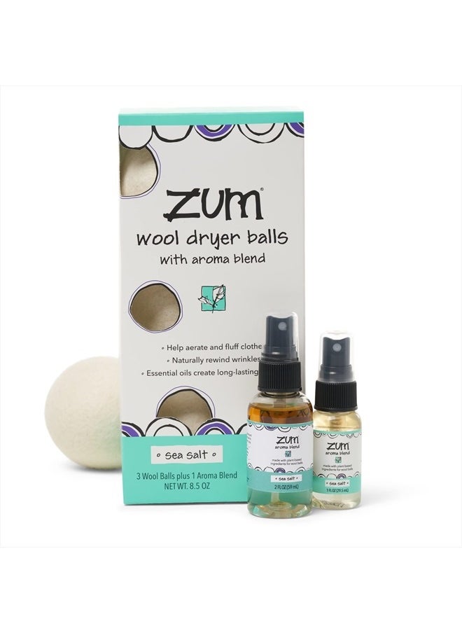 ZUM Indigo Wild Zum Laundry Dryer Balls Kit - Wool Laundry Balls for The Dryer - Essential Oil Spray - Reusable Drying Balls for Laundry - Sea Salt - (3 Dryer Balls, 1 Aroma Blend)  - Image 1