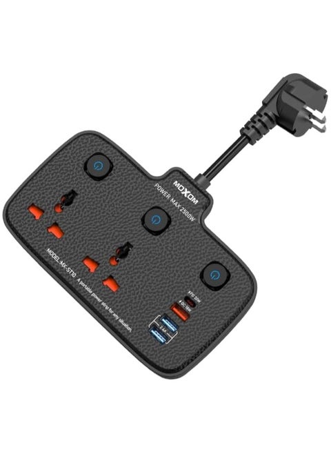 Moxom MX-ST10 6 IN 1 PD Power Strip With 2 Socket, 3 USB, 1 Type-C PD And One Key Master Control For Multi Devices 2500W - Black