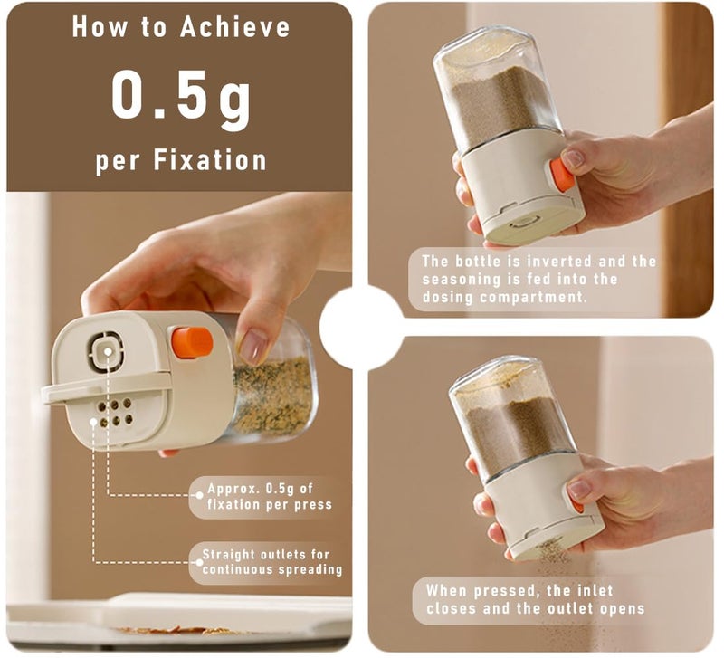 koofull Measure Seasoning Bottle, Salt Shaker or Pepper Shaker, Kitchen Must have, Glass Metering Spice Salt Paprika Pepper Cumin Powder Sugar Dispenser Spice Jar, BPA Free (Beige) - Image 4