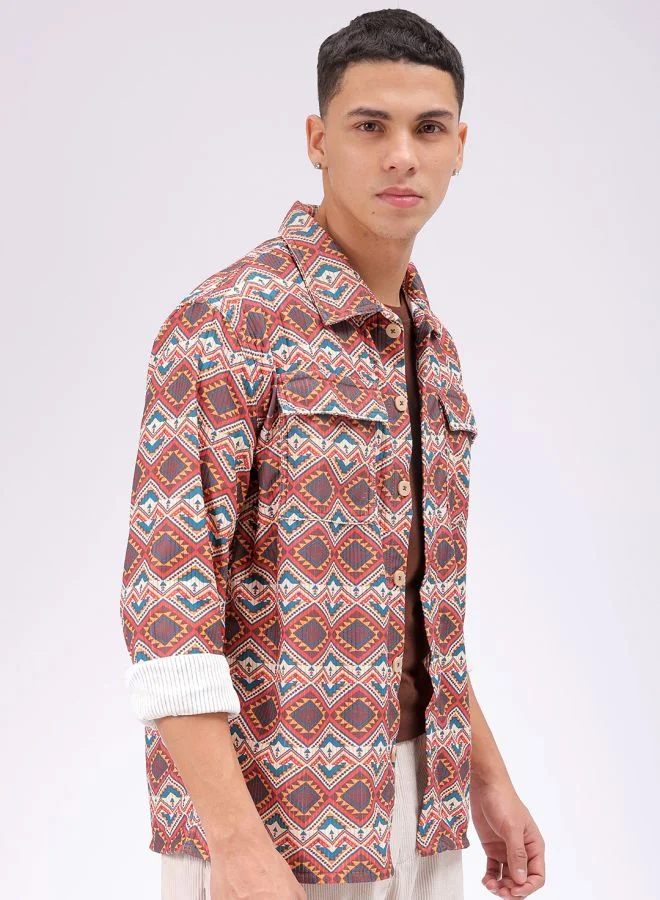 شركة المرآب الهندية Men Regular Fit Printed Full Sleeves Cutaway Collar Double Flap Pocket Street Wear Over Shirt