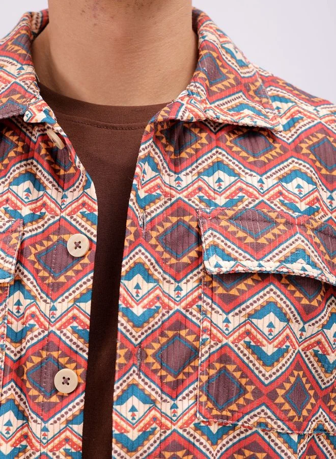شركة المرآب الهندية Men Regular Fit Printed Full Sleeves Cutaway Collar Double Flap Pocket Street Wear Over Shirt