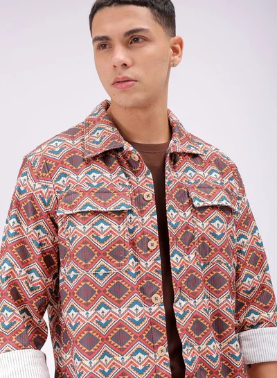 The Indian Garage Co Men Regular Fit Printed Full Sleeves Cutaway Collar Double Flap Pocket Street Wear Over Shirt