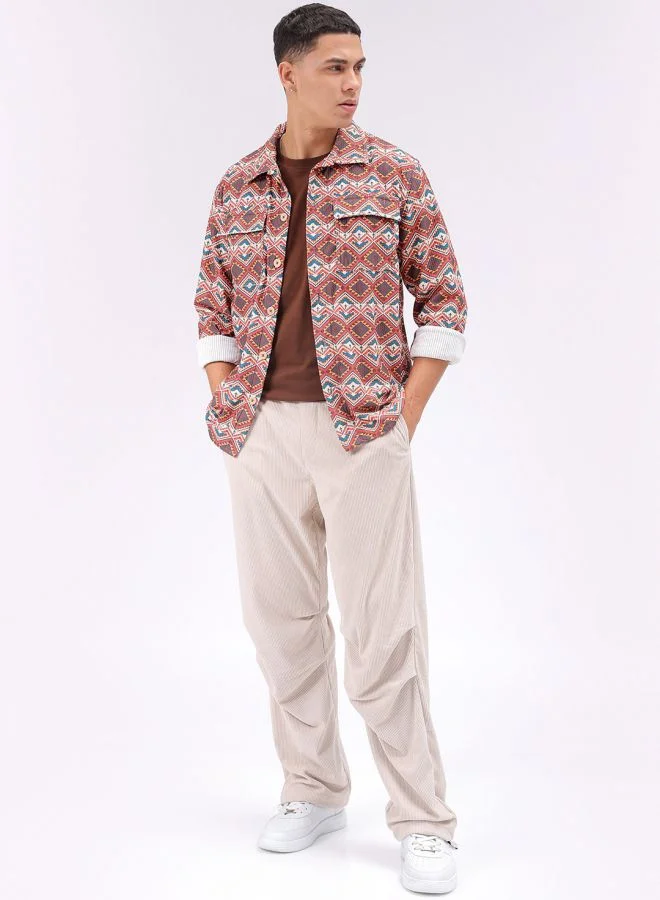 شركة المرآب الهندية Men Regular Fit Printed Full Sleeves Cutaway Collar Double Flap Pocket Street Wear Over Shirt