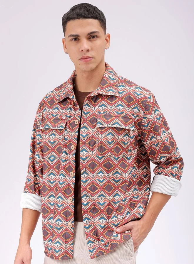 شركة المرآب الهندية Men Regular Fit Printed Full Sleeves Cutaway Collar Double Flap Pocket Street Wear Over Shirt