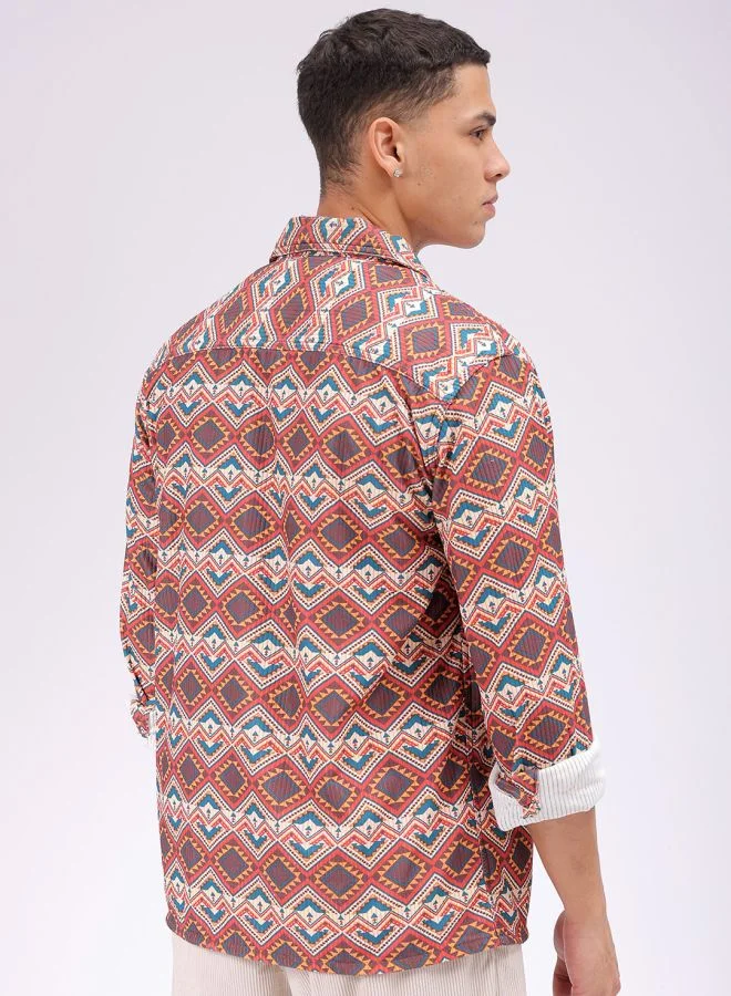 شركة المرآب الهندية Men Regular Fit Printed Full Sleeves Cutaway Collar Double Flap Pocket Street Wear Over Shirt