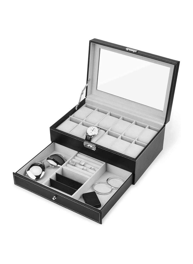BLOOMING TIME 12 Slots Watch Case Organizer With Jewelry Drawer Black  - Image 1
