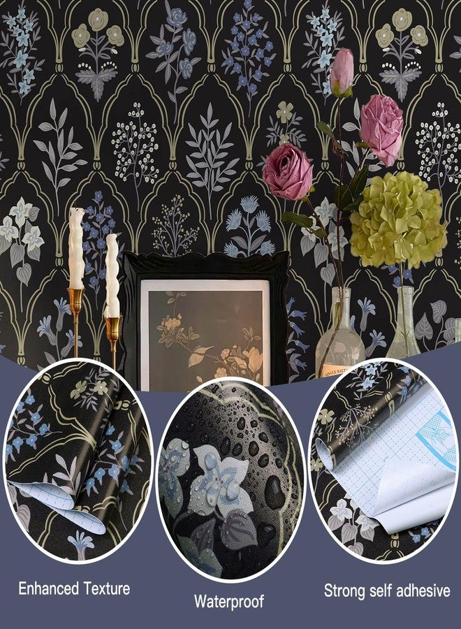 Dimoon 78.7"x17.3" Peel and Stick Wallpaper Contact Paper Floral Vintage Black Wallpaper Modern Removable Wall Paper Self Adhesive Boho Contactpaper for Cabinets Drawers Blue Bedroom Thicken Vinyl - Image 3