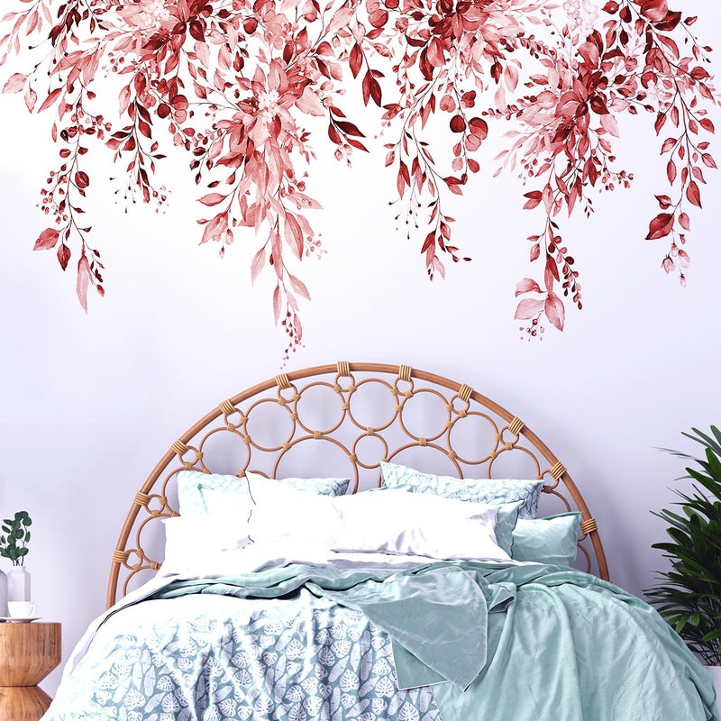 VePret Burgundy Red Plants Leaves Wall Decals Peel and Stick, Large Floral Flowers Vinyl Wall Stickers, Removable Vine Home Decor Art for Bedroom Living Room Classroom Office - Image 1
