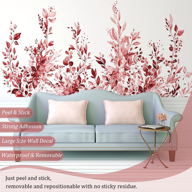 VePret Burgundy Red Plants Leaves Wall Decals Peel and Stick, Large Floral Flowers Vinyl Wall Stickers, Removable Vine Home Decor Art for Bedroom Living Room Classroom Office - Image 3